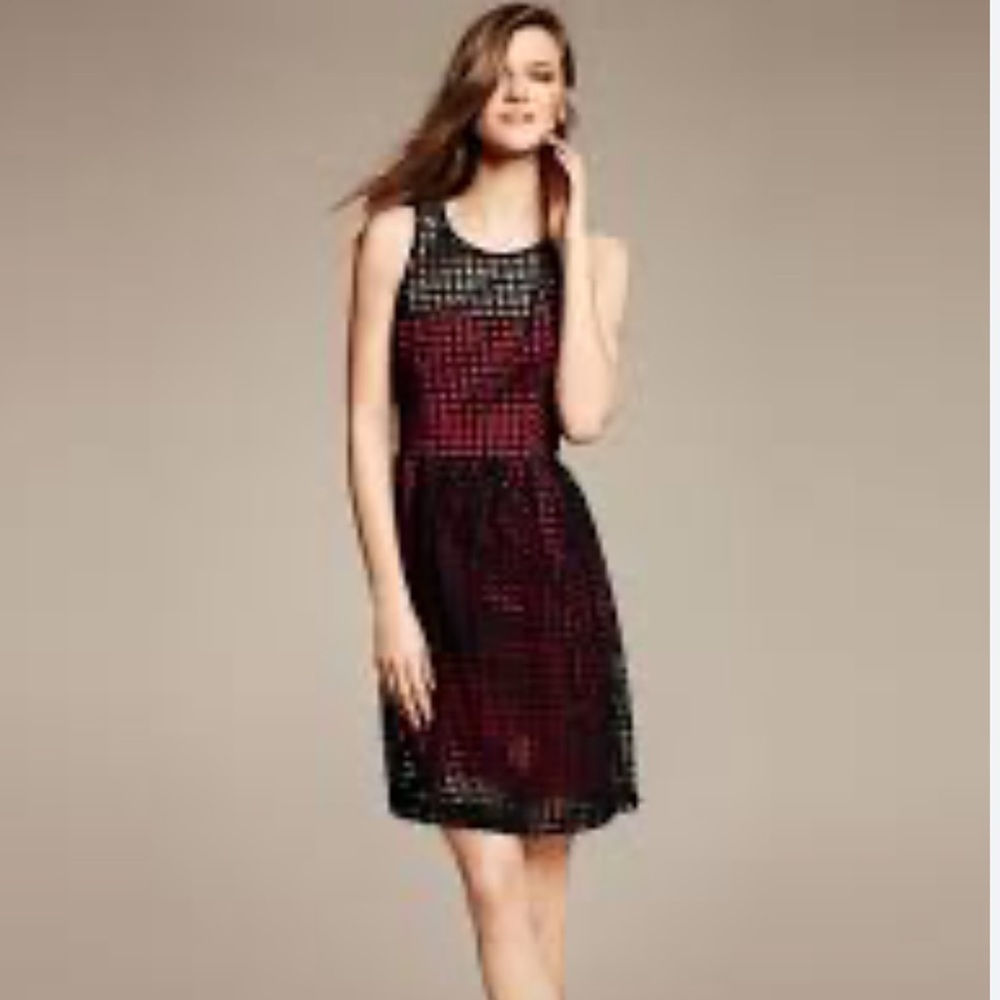 Banana Republic Women Dress Navy Blue Red Eyelet Fit And Flare Cocktail Dress XS
